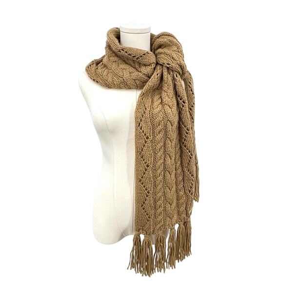 Michael Kors women's scarf fringe pointelle cable knit chunky camel NEW - Picture 1 of 4